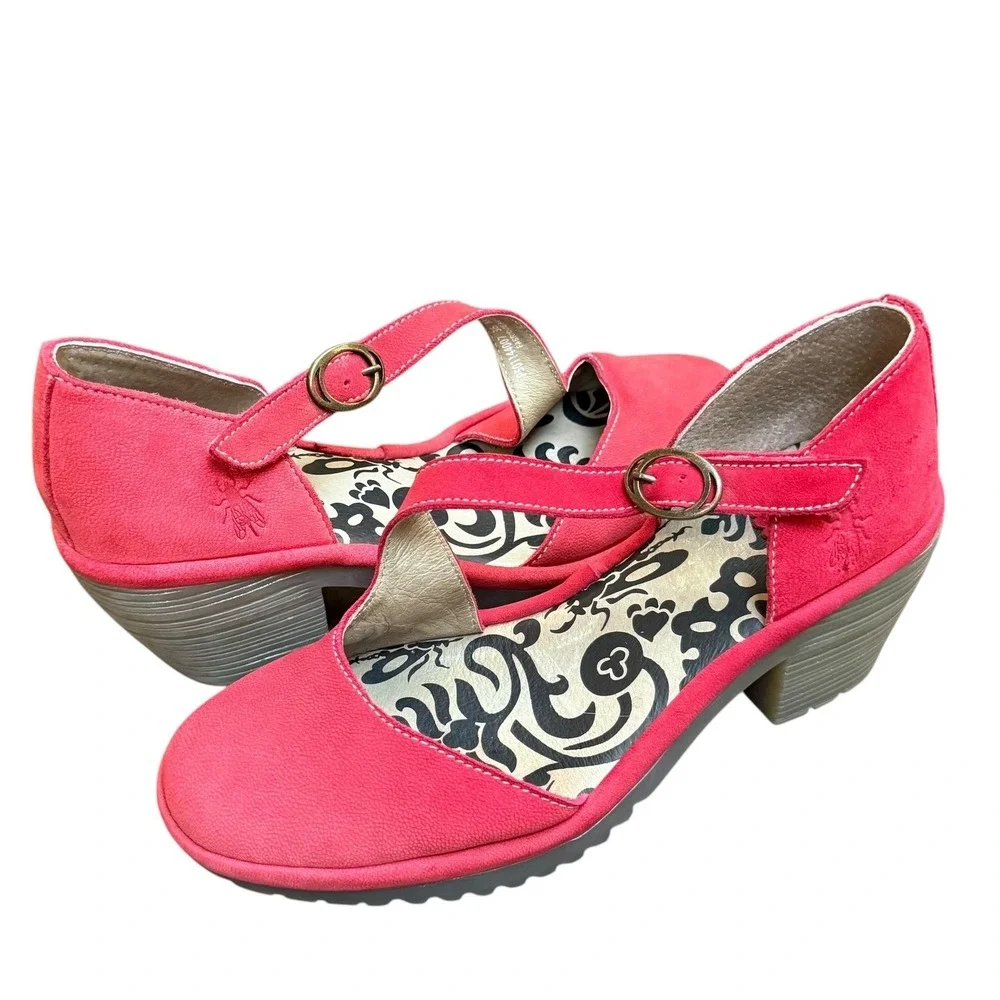 Fly London Wako Shoes Mary Jane Women 36 US 5.5 Red‎ P501144007 Wedge Retro Boho